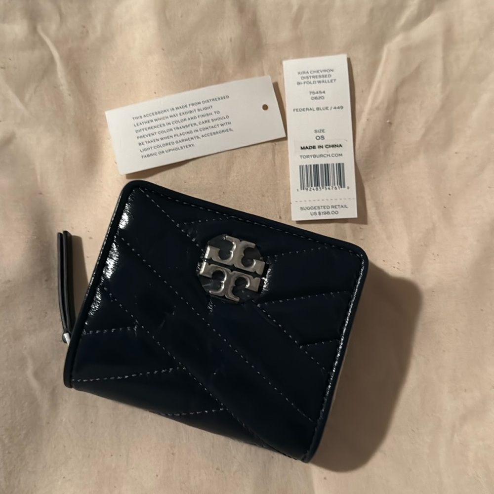 Kira Chevron Distressed Leather  Bi-Fold Wallet.  Federal Blue.  NWT.